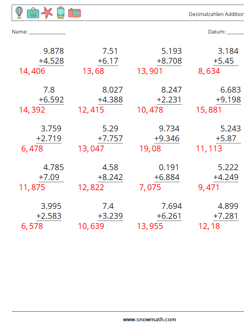 (25) Dezimalzahlen Addition (3-stellig) Mathe-Arbeitsblätter 7 Frage, Antwort