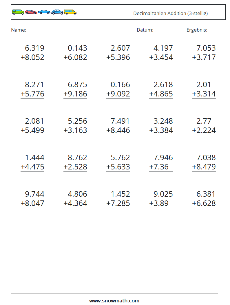 (25) Dezimalzahlen Addition (3-stellig) Mathe-Arbeitsblätter 8