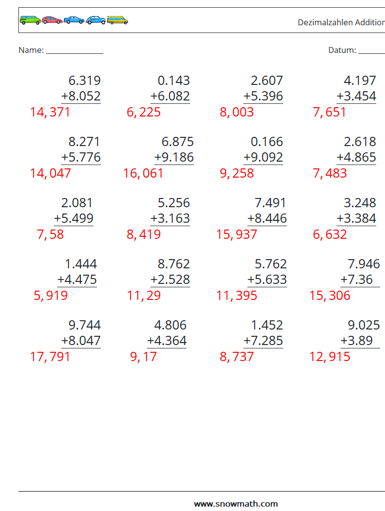 (25) Dezimalzahlen Addition (3-stellig) Mathe-Arbeitsblätter 8 Frage, Antwort