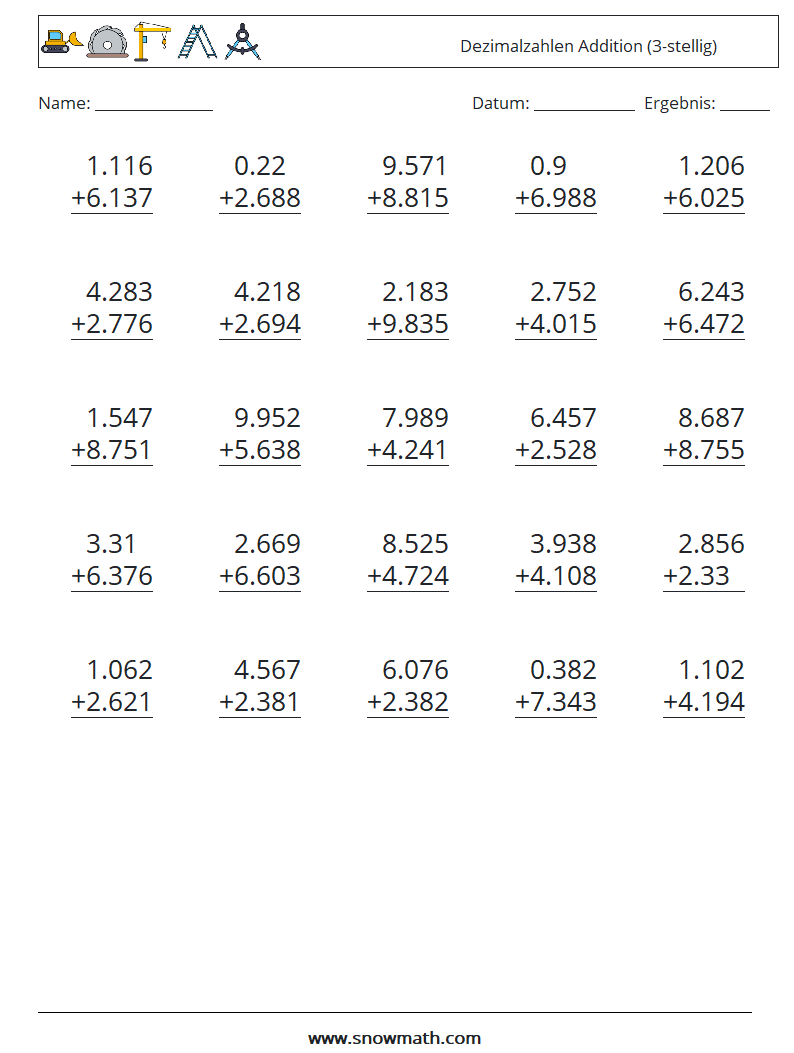 (25) Dezimalzahlen Addition (3-stellig) Mathe-Arbeitsblätter 9