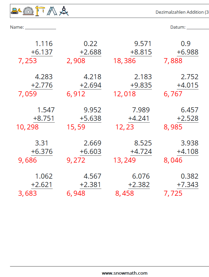 (25) Dezimalzahlen Addition (3-stellig) Mathe-Arbeitsblätter 9 Frage, Antwort