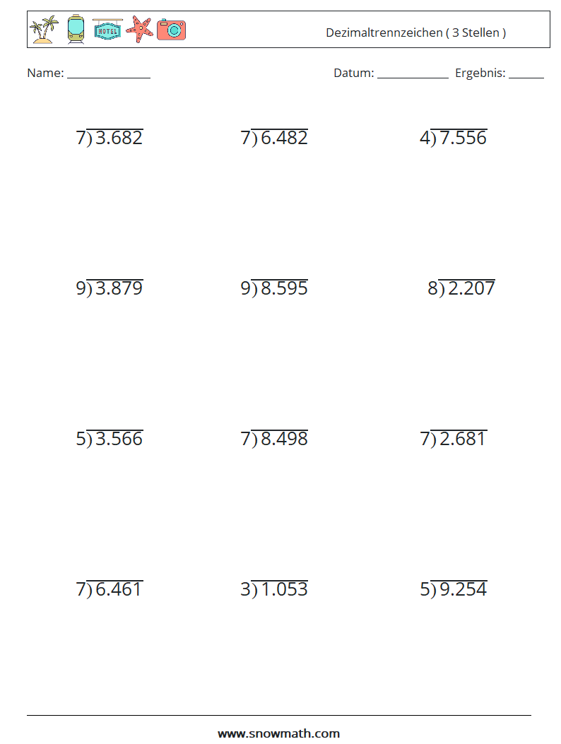 (12) Dezimaltrennzeichen ( 3 Stellen ) Mathe-Arbeitsblätter 1