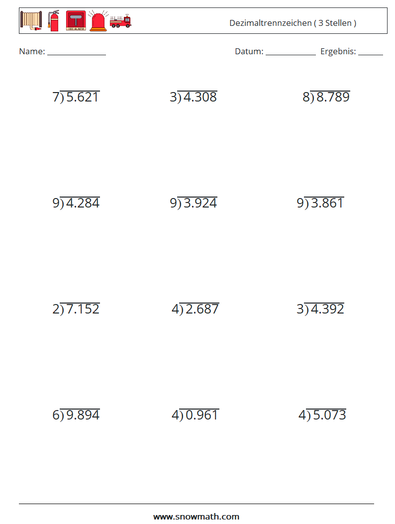 (12) Dezimaltrennzeichen ( 3 Stellen ) Mathe-Arbeitsblätter 10