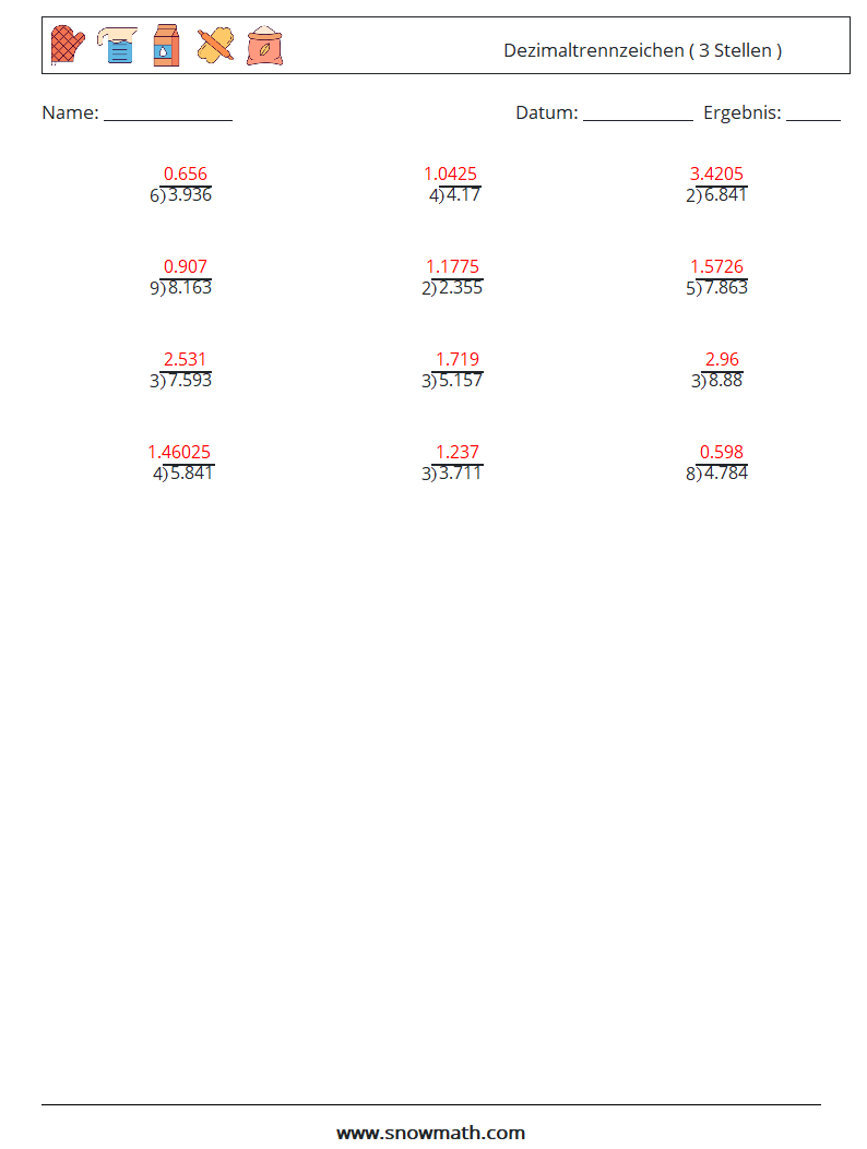 (12) Dezimaltrennzeichen ( 3 Stellen ) Mathe-Arbeitsblätter 11 Frage, Antwort