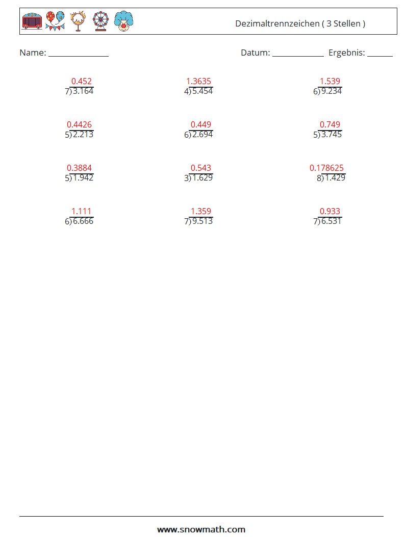 (12) Dezimaltrennzeichen ( 3 Stellen ) Mathe-Arbeitsblätter 13 Frage, Antwort