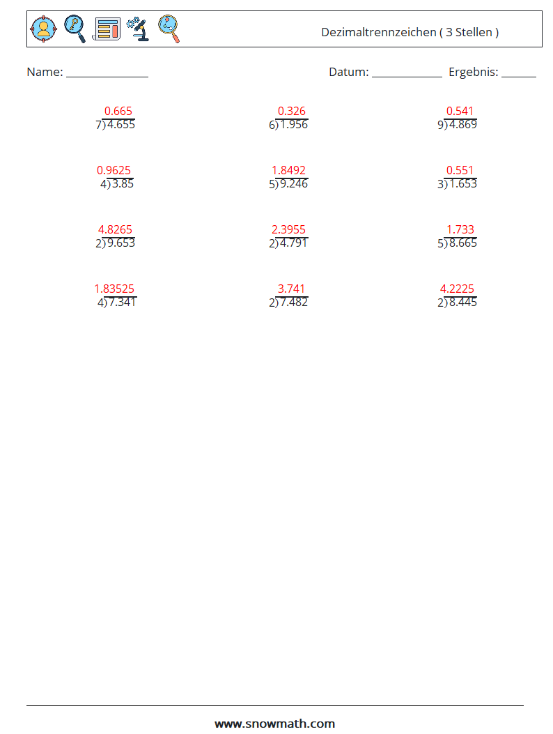 (12) Dezimaltrennzeichen ( 3 Stellen ) Mathe-Arbeitsblätter 14 Frage, Antwort