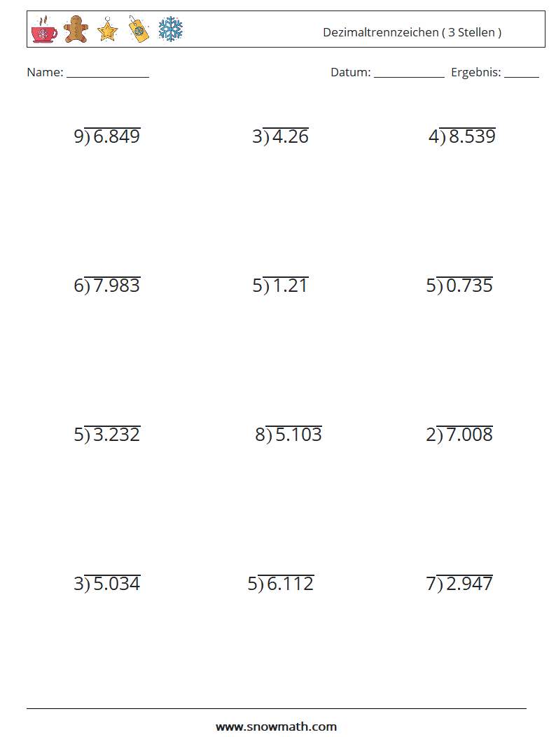 (12) Dezimaltrennzeichen ( 3 Stellen ) Mathe-Arbeitsblätter 15