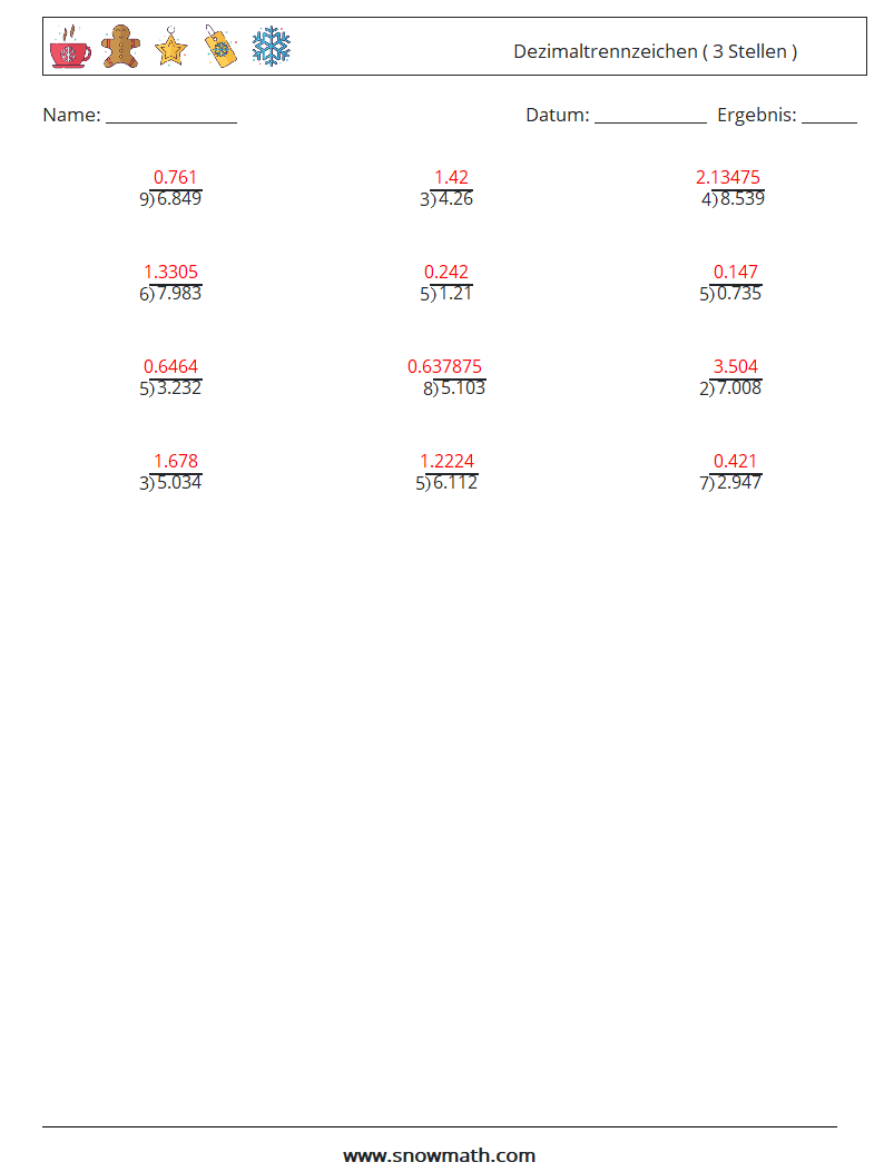 (12) Dezimaltrennzeichen ( 3 Stellen ) Mathe-Arbeitsblätter 15 Frage, Antwort