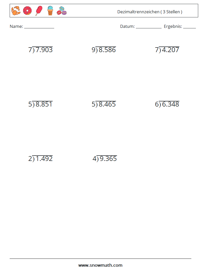 (12) Dezimaltrennzeichen ( 3 Stellen ) Mathe-Arbeitsblätter 16