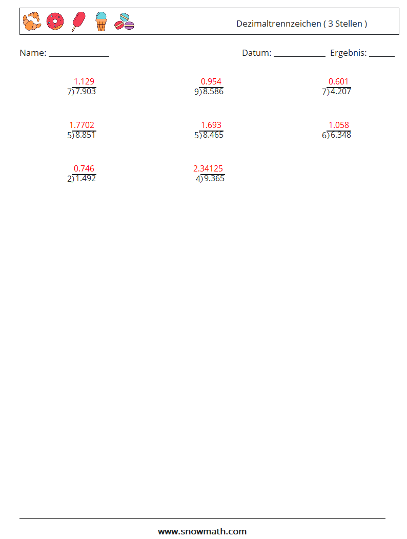 (12) Dezimaltrennzeichen ( 3 Stellen ) Mathe-Arbeitsblätter 16 Frage, Antwort