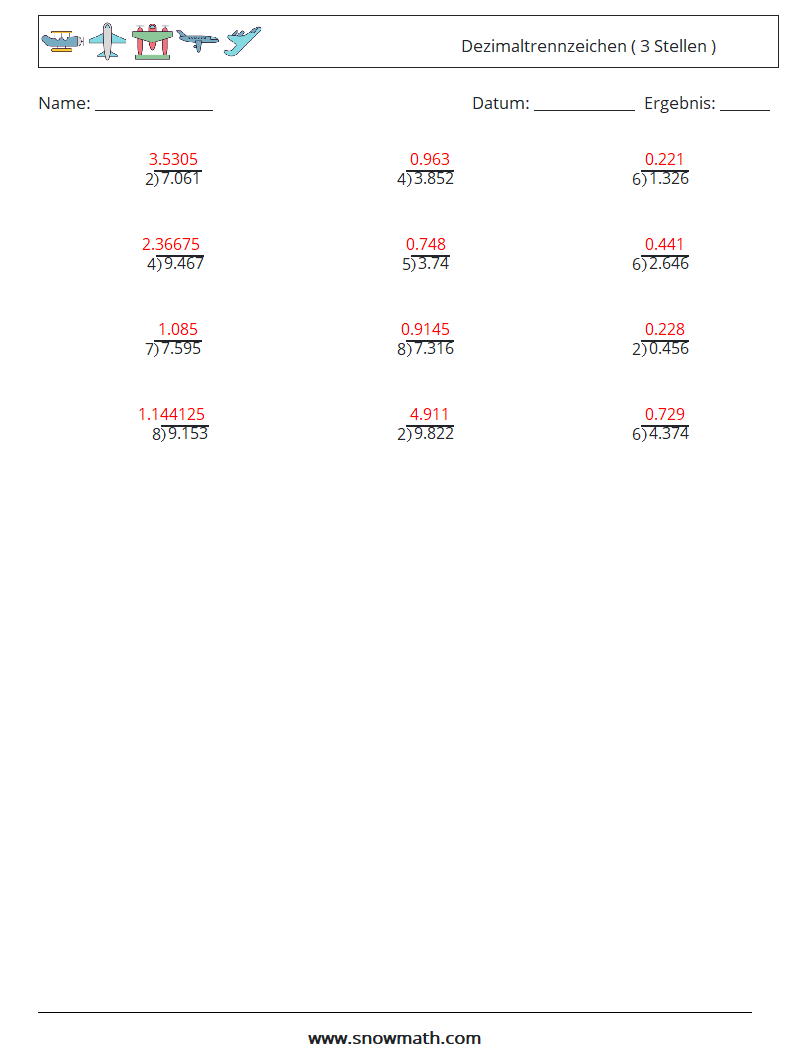 (12) Dezimaltrennzeichen ( 3 Stellen ) Mathe-Arbeitsblätter 17 Frage, Antwort