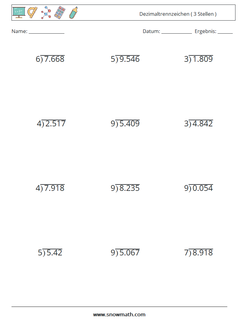 (12) Dezimaltrennzeichen ( 3 Stellen ) Mathe-Arbeitsblätter 18