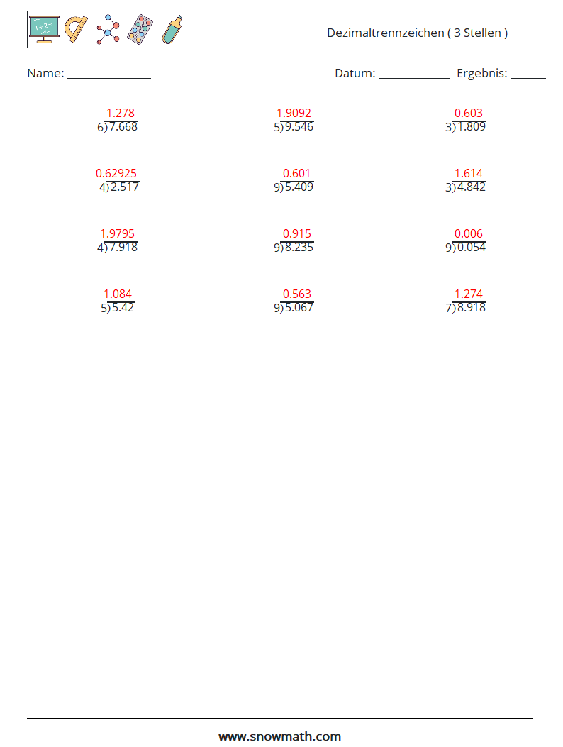 (12) Dezimaltrennzeichen ( 3 Stellen ) Mathe-Arbeitsblätter 18 Frage, Antwort