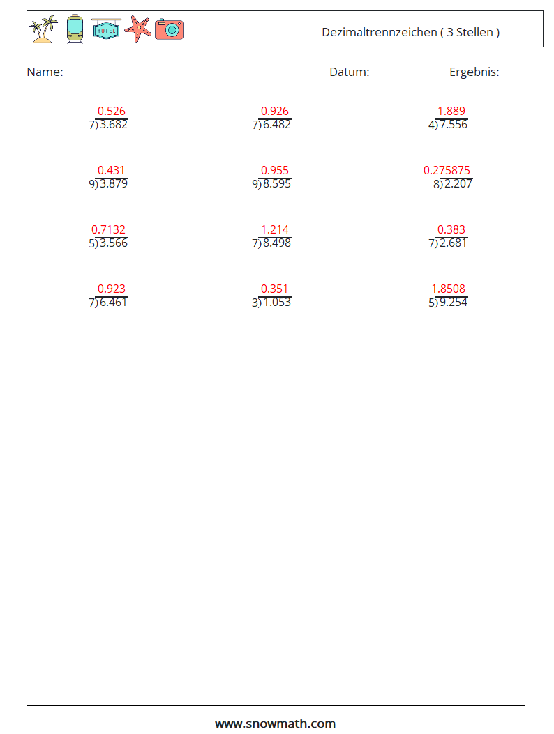 (12) Dezimaltrennzeichen ( 3 Stellen ) Mathe-Arbeitsblätter 1 Frage, Antwort