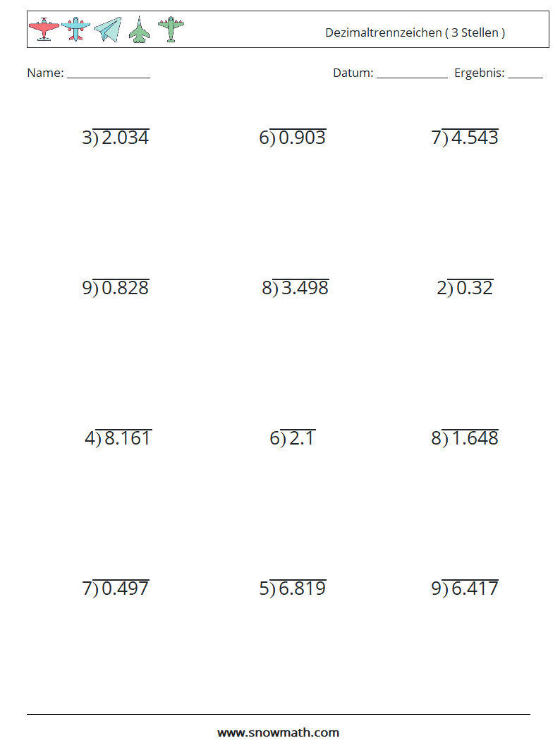 (12) Dezimaltrennzeichen ( 3 Stellen ) Mathe-Arbeitsblätter 2