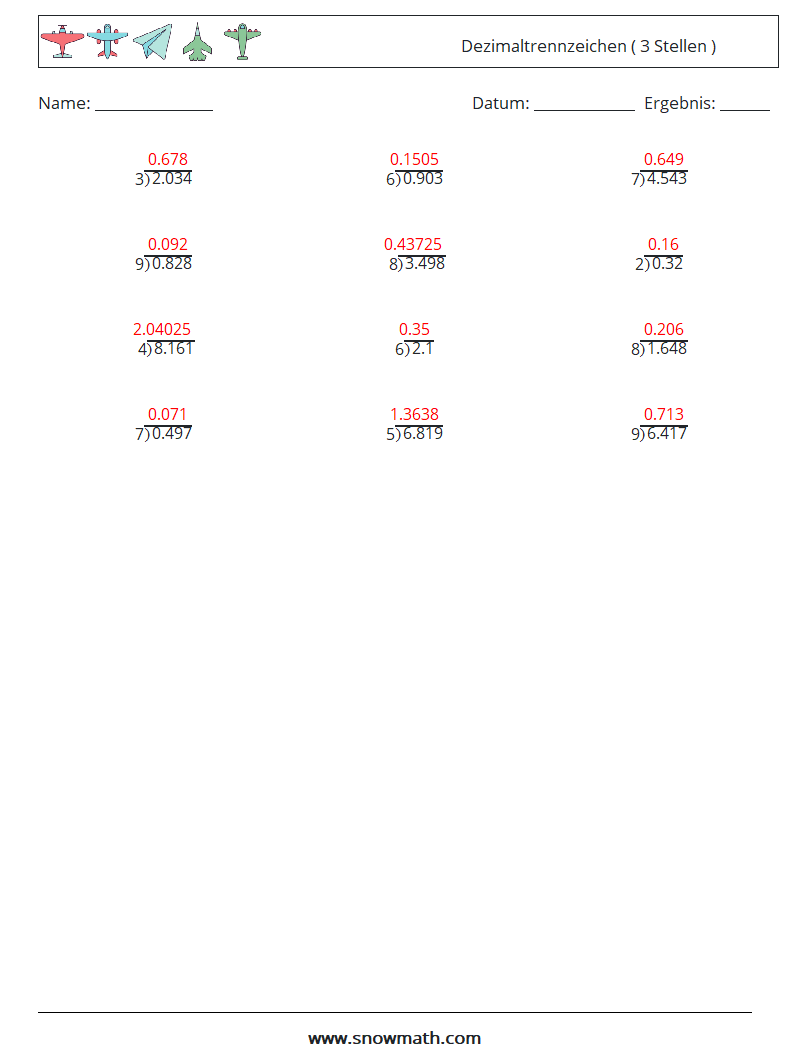 (12) Dezimaltrennzeichen ( 3 Stellen ) Mathe-Arbeitsblätter 2 Frage, Antwort