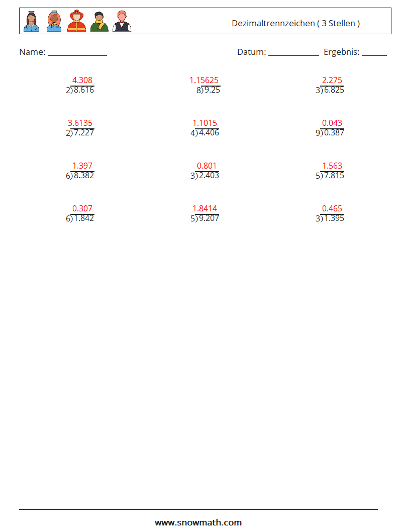 (12) Dezimaltrennzeichen ( 3 Stellen ) Mathe-Arbeitsblätter 3 Frage, Antwort