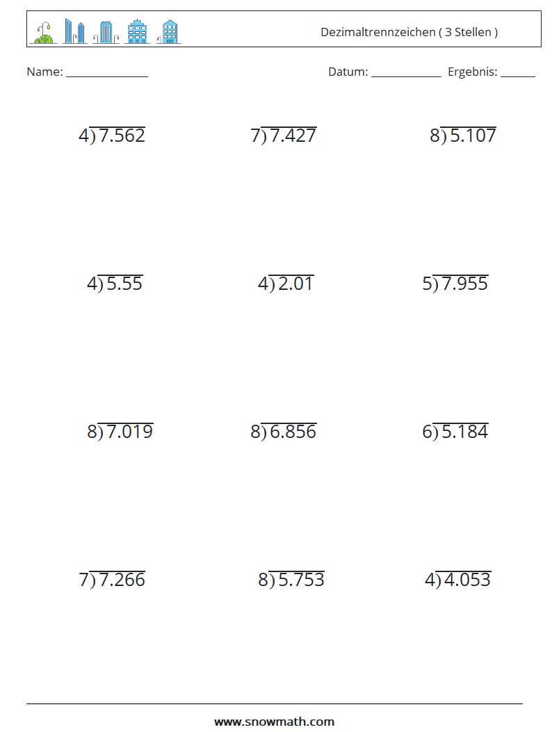 (12) Dezimaltrennzeichen ( 3 Stellen ) Mathe-Arbeitsblätter 5