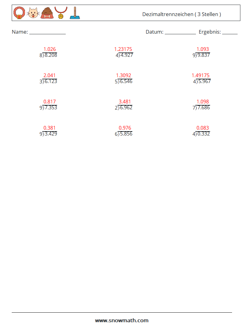 (12) Dezimaltrennzeichen ( 3 Stellen ) Mathe-Arbeitsblätter 6 Frage, Antwort