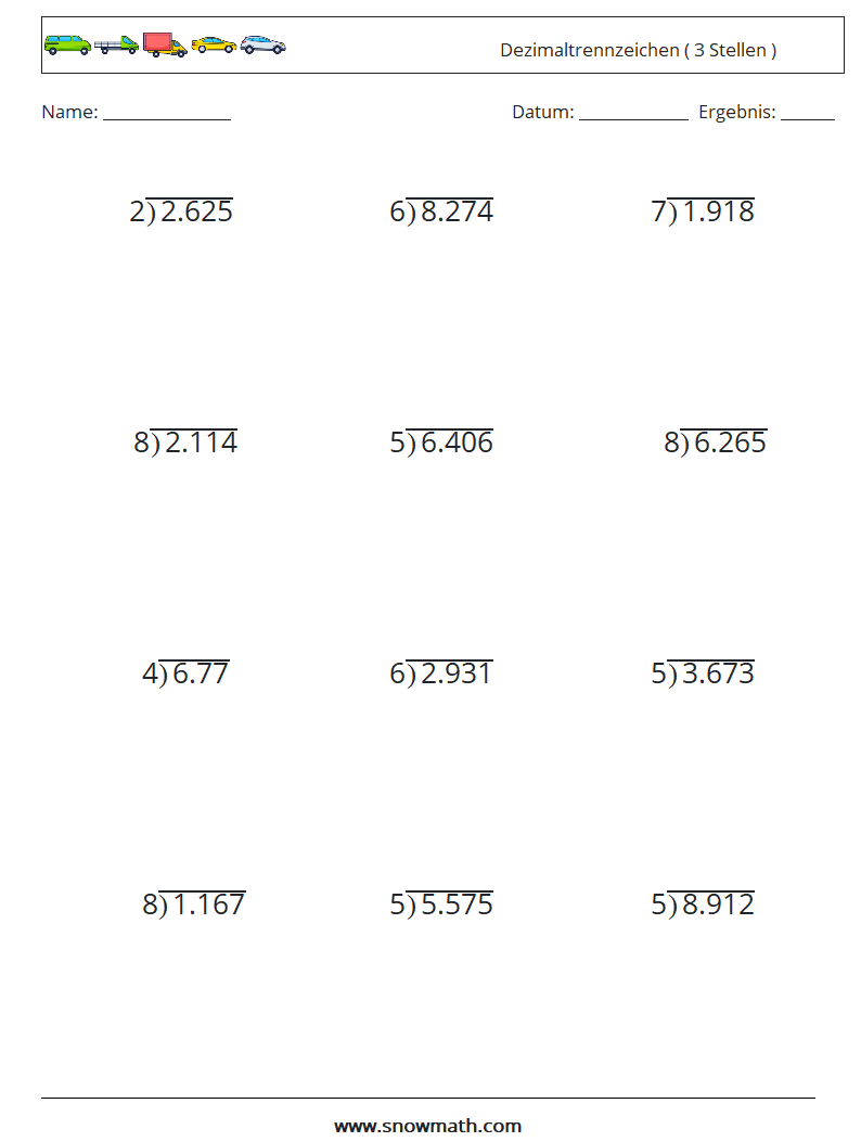 (12) Dezimaltrennzeichen ( 3 Stellen ) Mathe-Arbeitsblätter 7