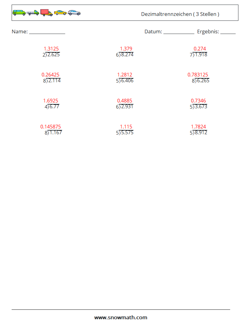 (12) Dezimaltrennzeichen ( 3 Stellen ) Mathe-Arbeitsblätter 7 Frage, Antwort