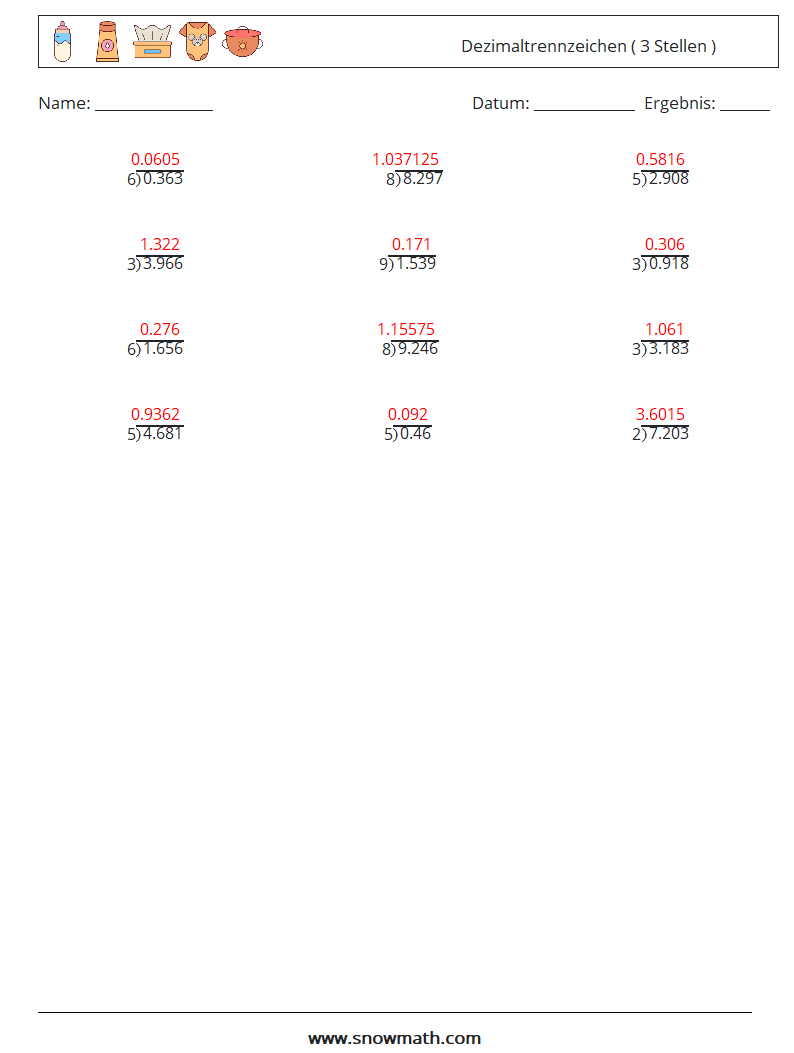 (12) Dezimaltrennzeichen ( 3 Stellen ) Mathe-Arbeitsblätter 8 Frage, Antwort