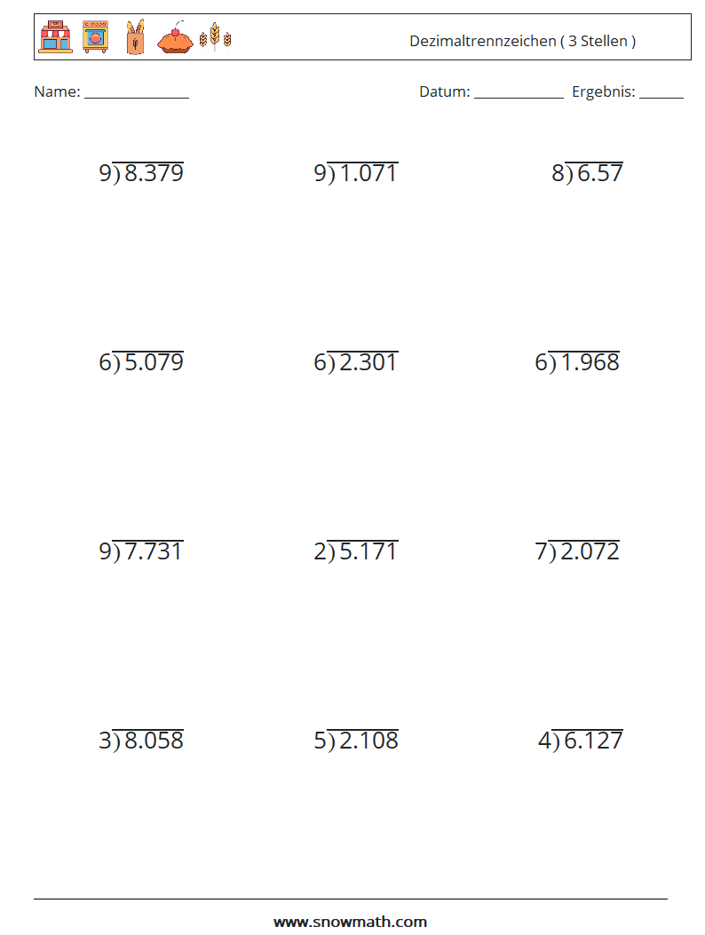 (12) Dezimaltrennzeichen ( 3 Stellen ) Mathe-Arbeitsblätter 9