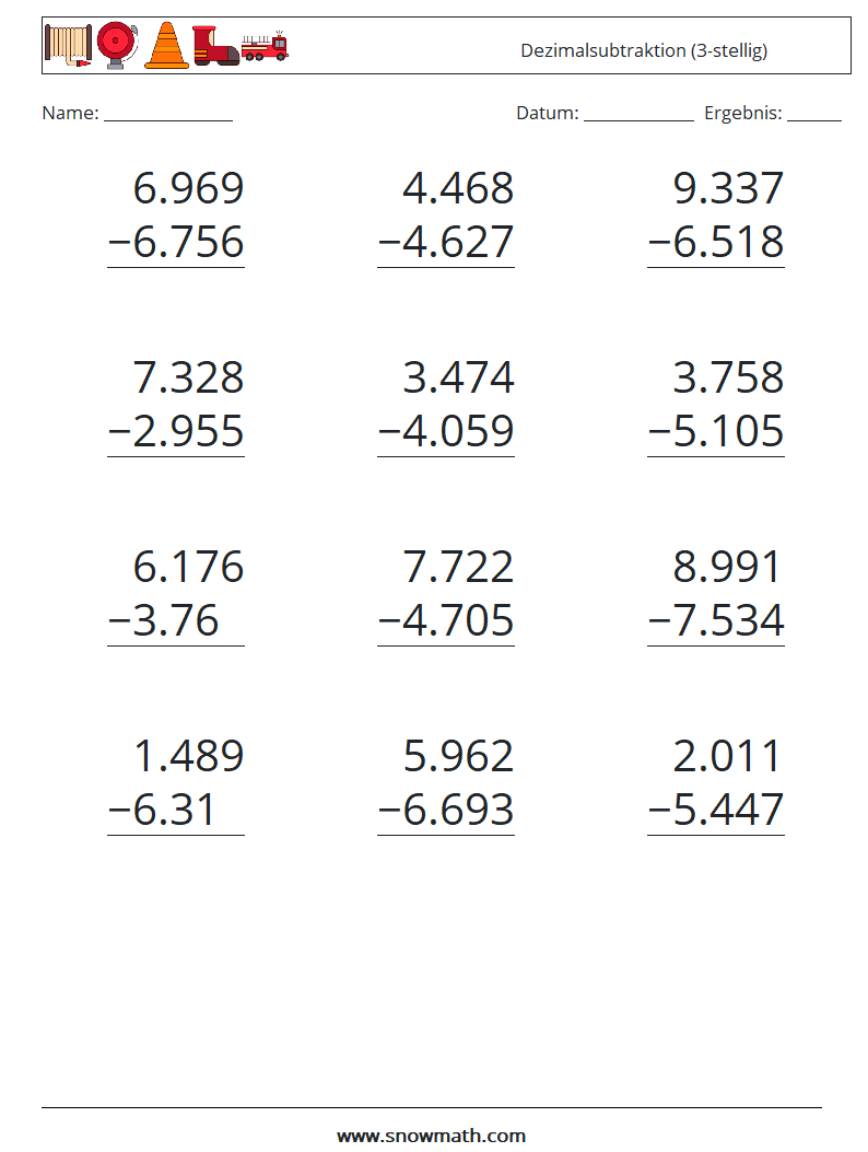 (12) Dezimalsubtraktion (3-stellig) Mathe-Arbeitsblätter 1