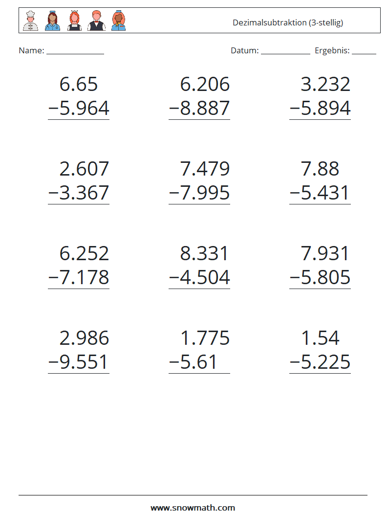 (12) Dezimalsubtraktion (3-stellig) Mathe-Arbeitsblätter 10