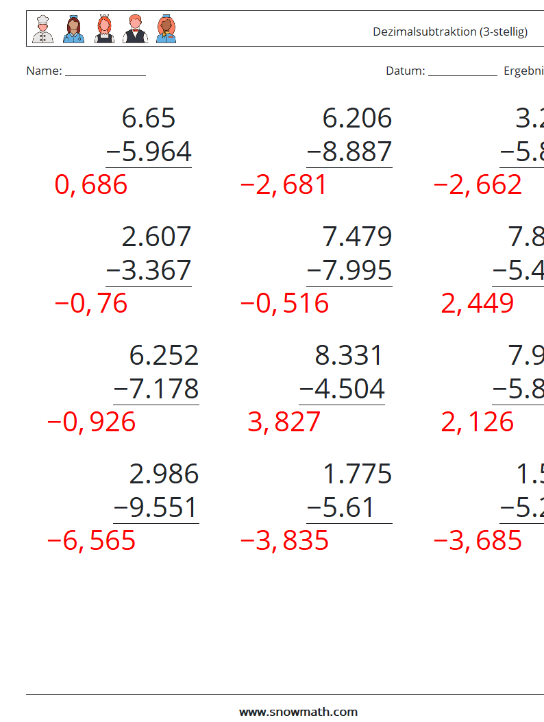 (12) Dezimalsubtraktion (3-stellig) Mathe-Arbeitsblätter 10 Frage, Antwort