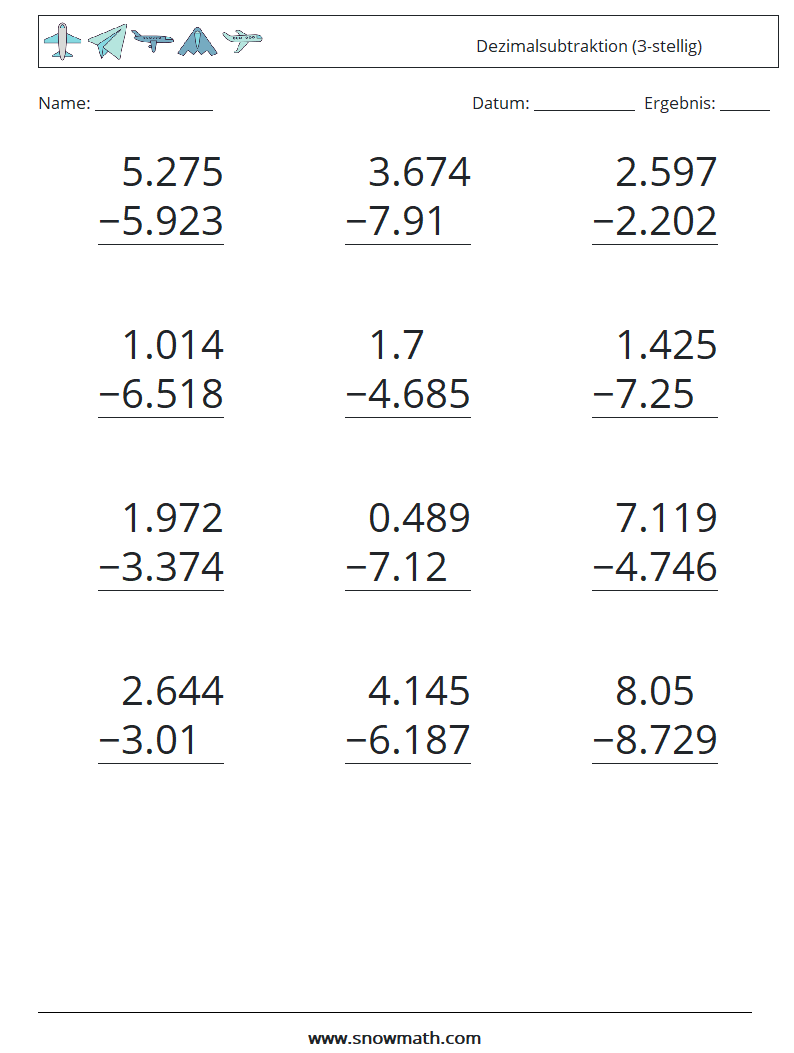 (12) Dezimalsubtraktion (3-stellig) Mathe-Arbeitsblätter 11