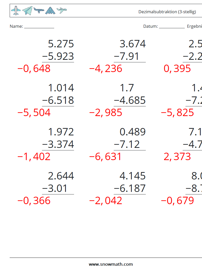 (12) Dezimalsubtraktion (3-stellig) Mathe-Arbeitsblätter 11 Frage, Antwort