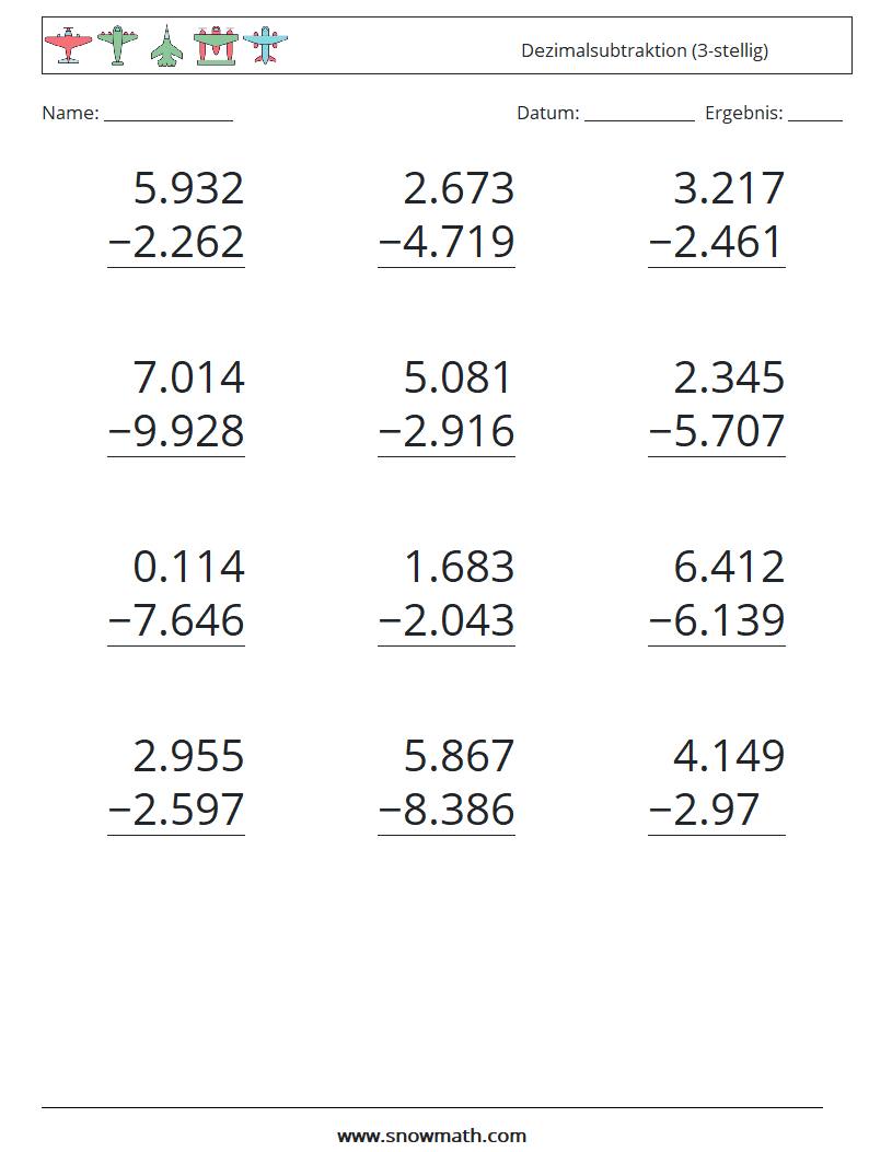 (12) Dezimalsubtraktion (3-stellig) Mathe-Arbeitsblätter 12