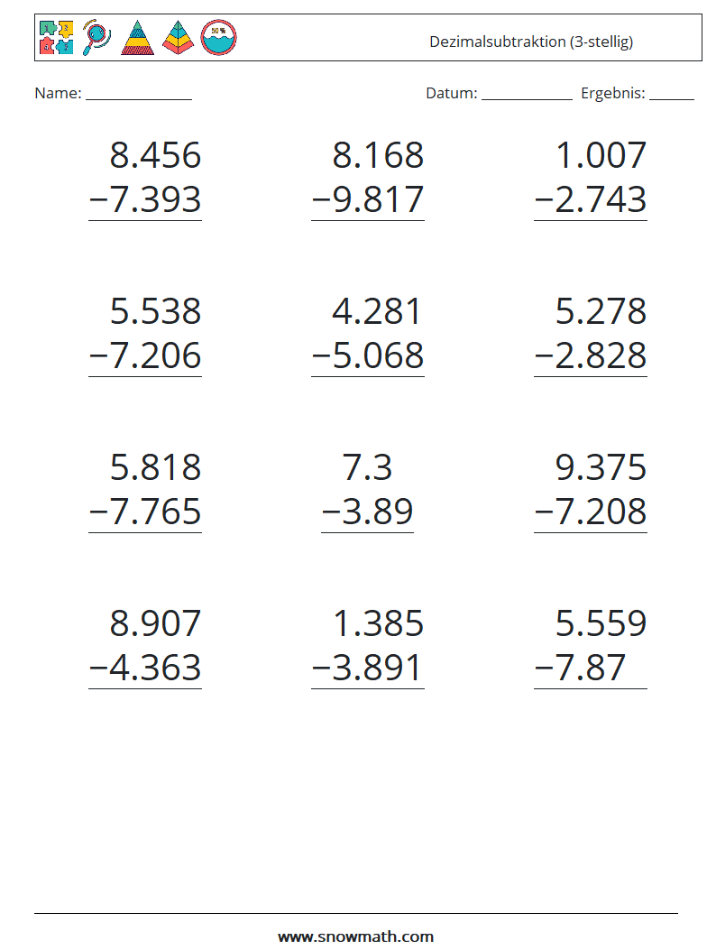 (12) Dezimalsubtraktion (3-stellig) Mathe-Arbeitsblätter 13