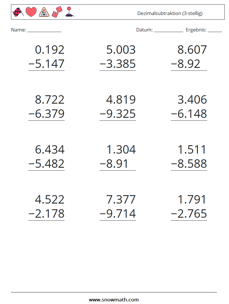 (12) Dezimalsubtraktion (3-stellig) Mathe-Arbeitsblätter 14