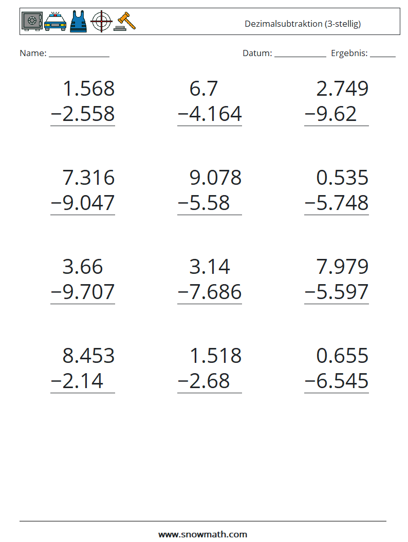 (12) Dezimalsubtraktion (3-stellig) Mathe-Arbeitsblätter 15