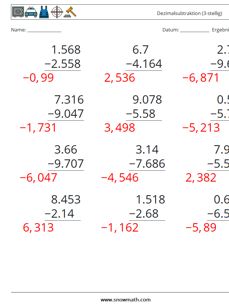 (12) Dezimalsubtraktion (3-stellig) Mathe-Arbeitsblätter 15 Frage, Antwort