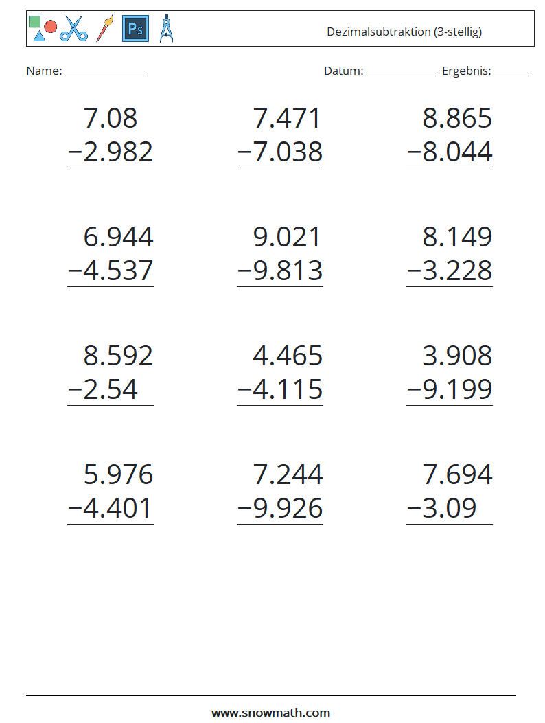 (12) Dezimalsubtraktion (3-stellig) Mathe-Arbeitsblätter 16