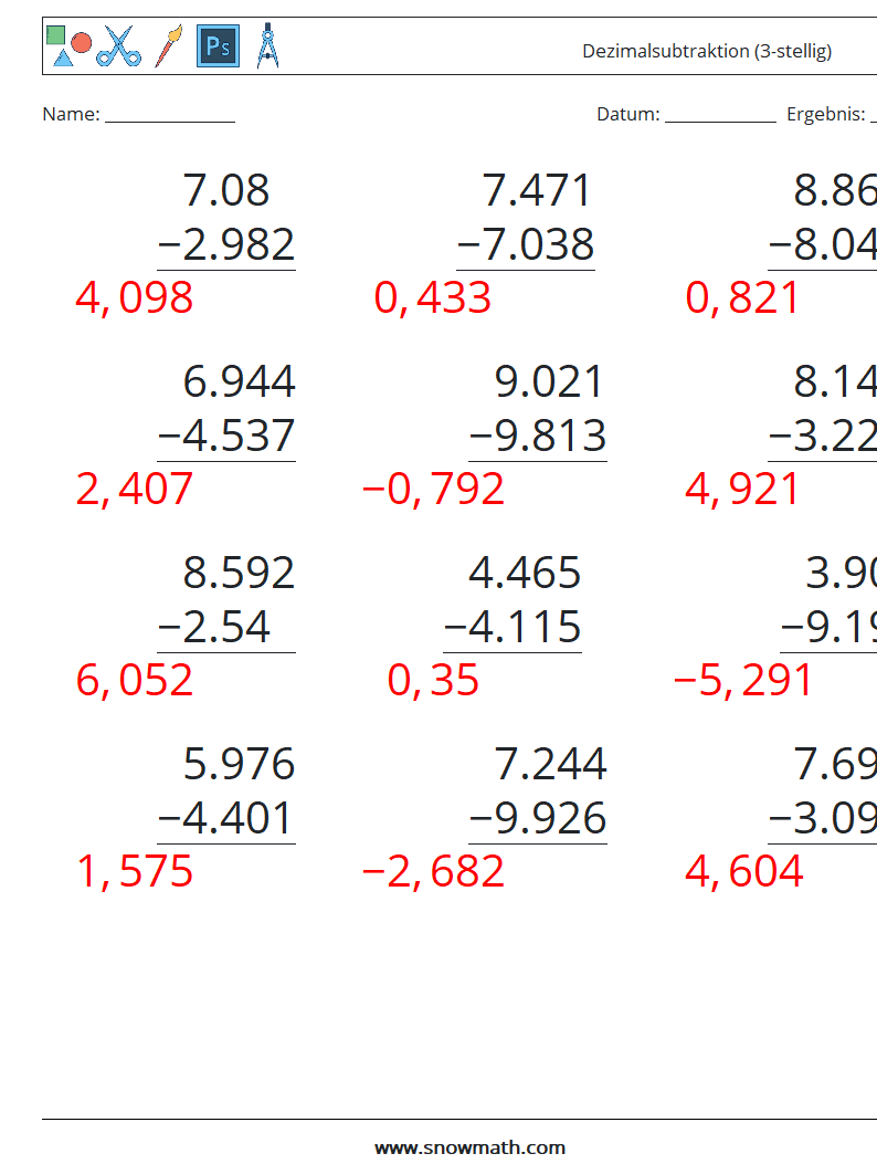 (12) Dezimalsubtraktion (3-stellig) Mathe-Arbeitsblätter 16 Frage, Antwort