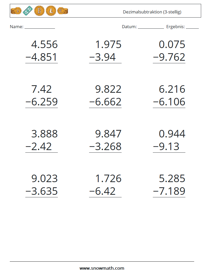 (12) Dezimalsubtraktion (3-stellig) Mathe-Arbeitsblätter 17