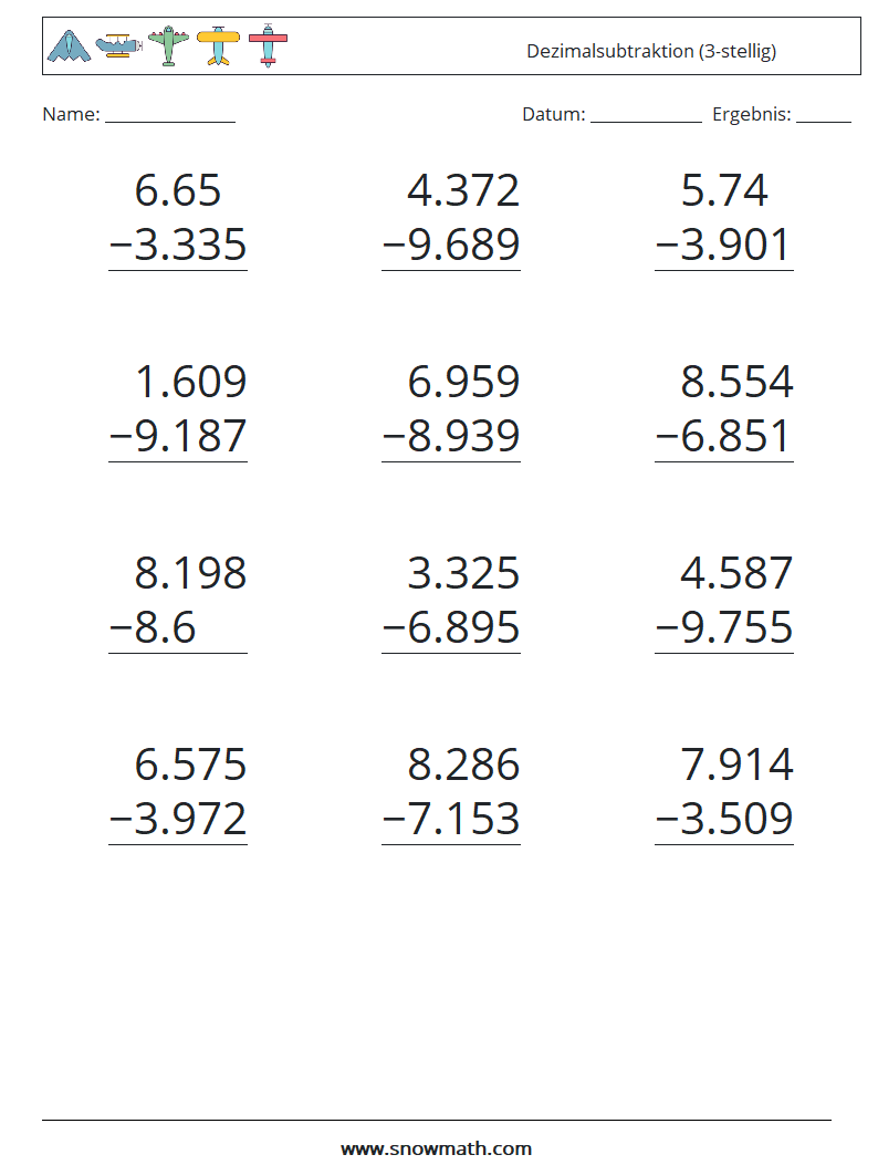 (12) Dezimalsubtraktion (3-stellig) Mathe-Arbeitsblätter 18