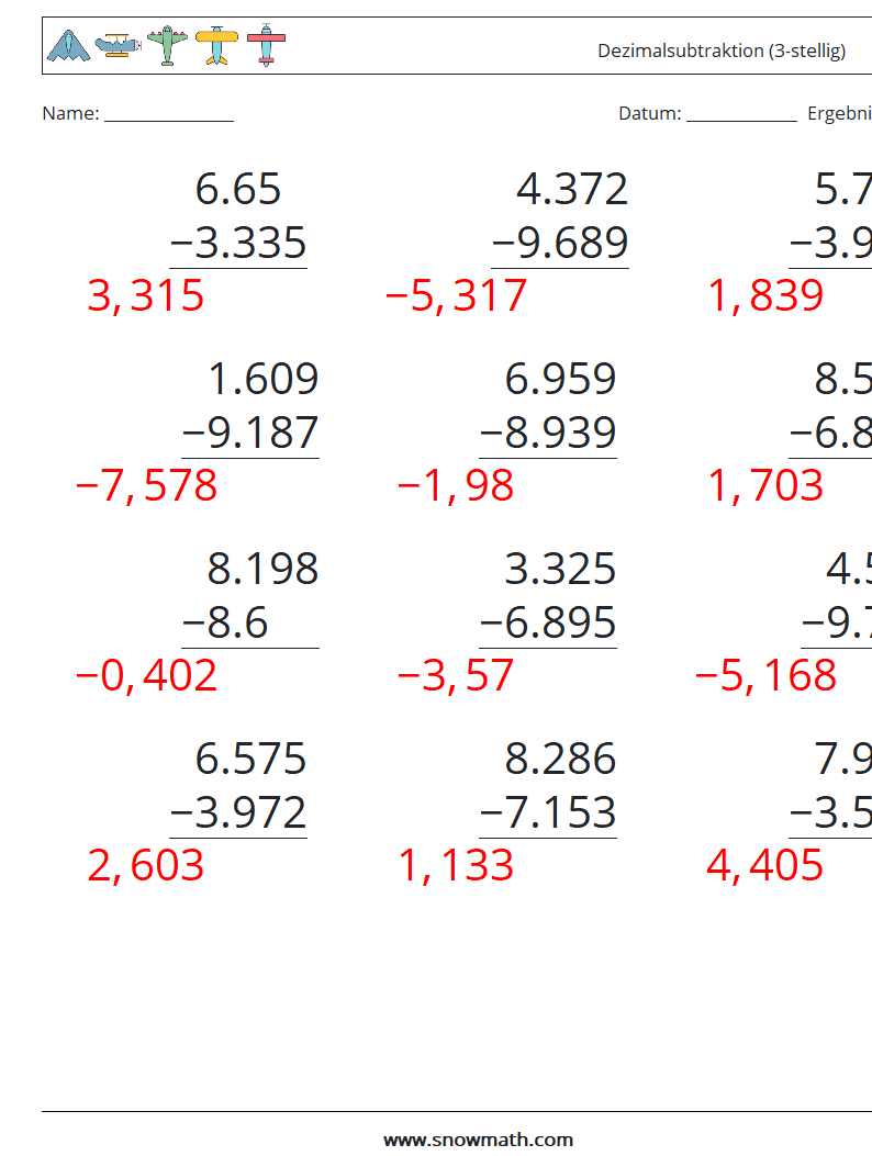 (12) Dezimalsubtraktion (3-stellig) Mathe-Arbeitsblätter 18 Frage, Antwort