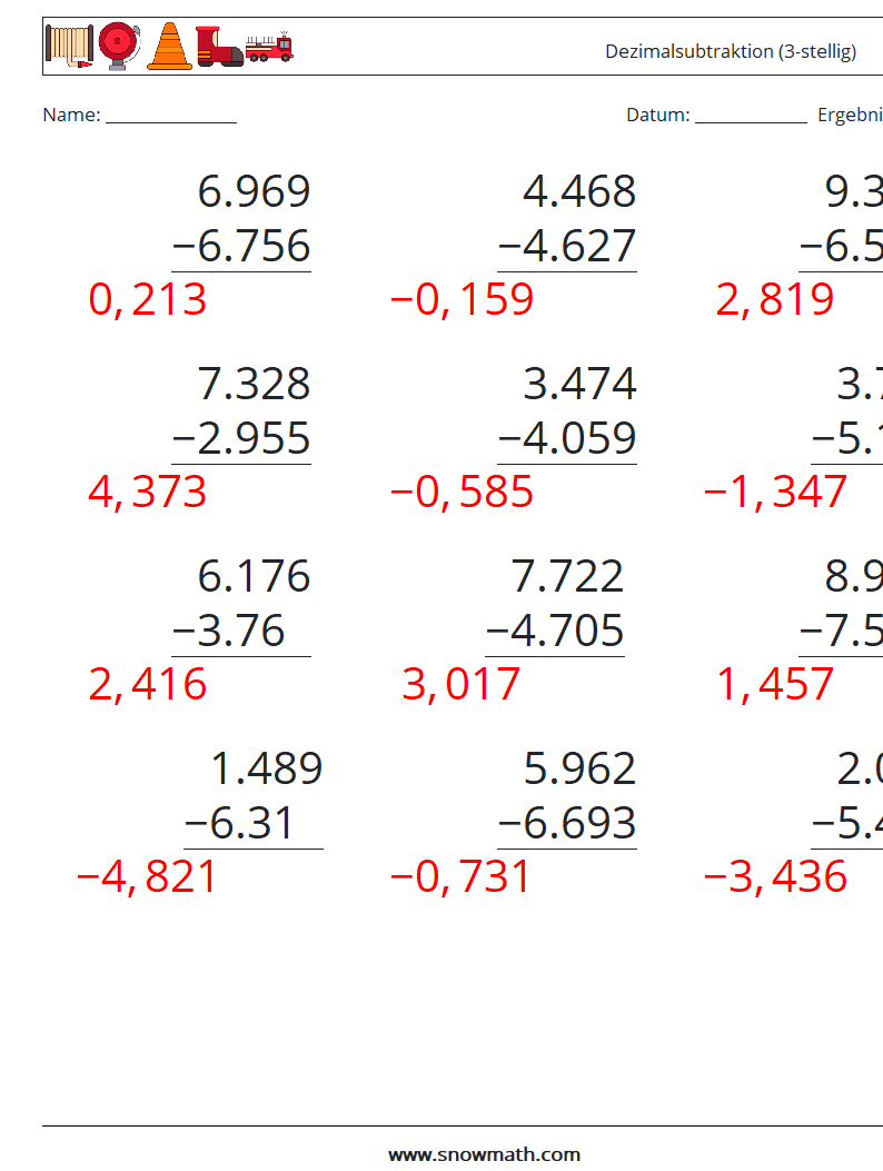 (12) Dezimalsubtraktion (3-stellig) Mathe-Arbeitsblätter 1 Frage, Antwort