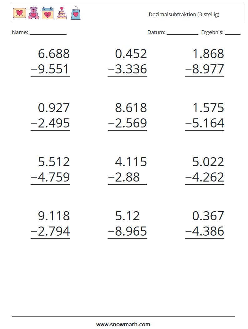 (12) Dezimalsubtraktion (3-stellig) Mathe-Arbeitsblätter 2