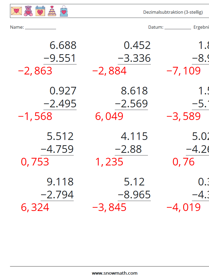 (12) Dezimalsubtraktion (3-stellig) Mathe-Arbeitsblätter 2 Frage, Antwort