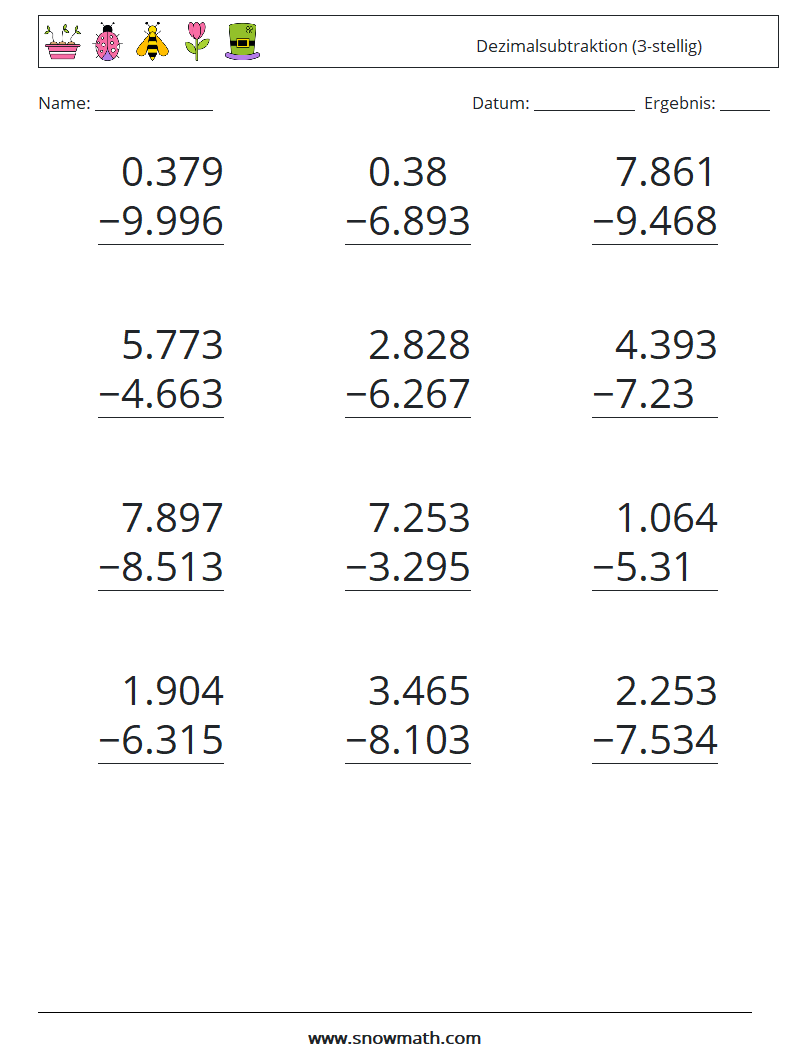 (12) Dezimalsubtraktion (3-stellig) Mathe-Arbeitsblätter 3