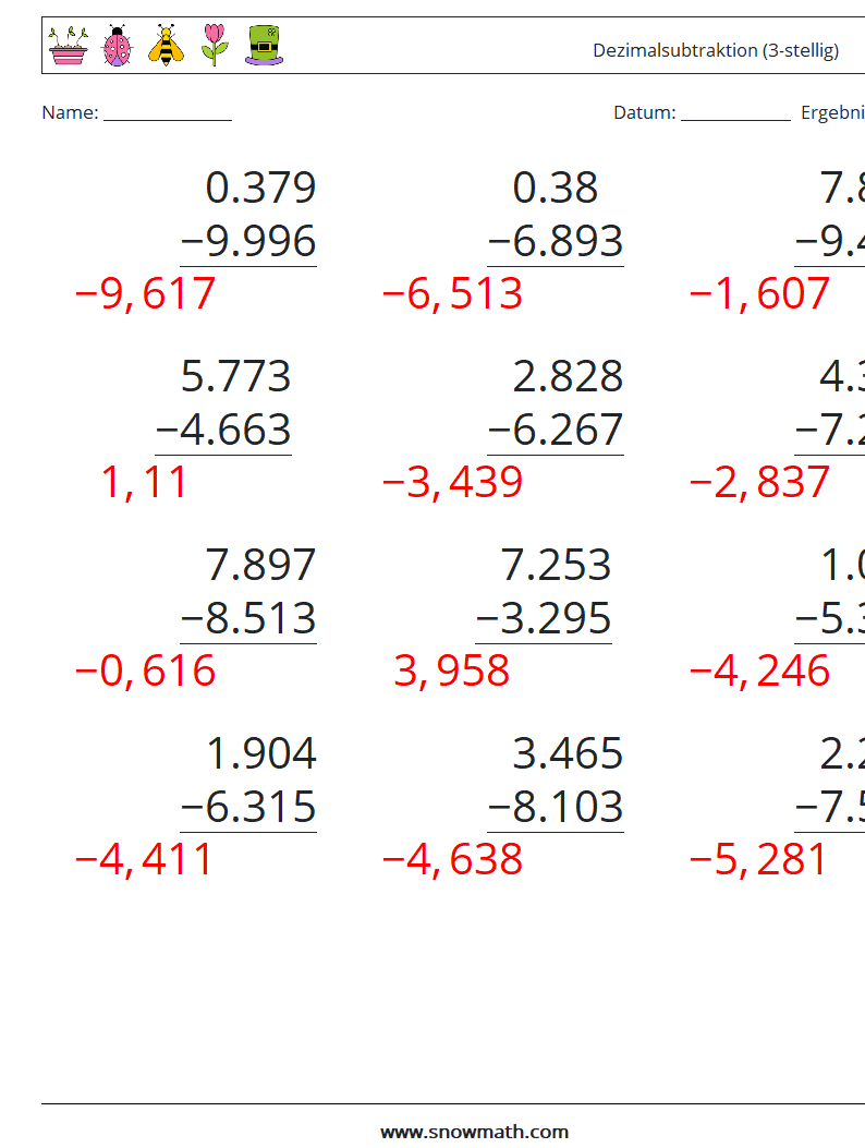 (12) Dezimalsubtraktion (3-stellig) Mathe-Arbeitsblätter 3 Frage, Antwort