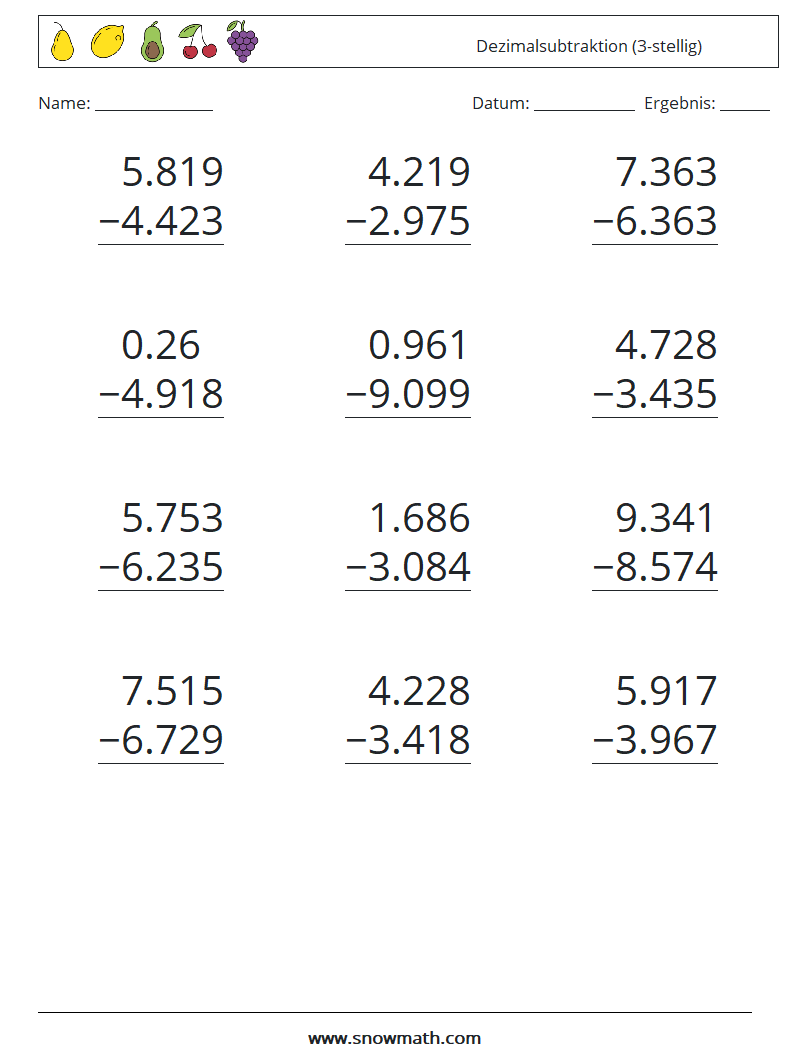 (12) Dezimalsubtraktion (3-stellig) Mathe-Arbeitsblätter 4