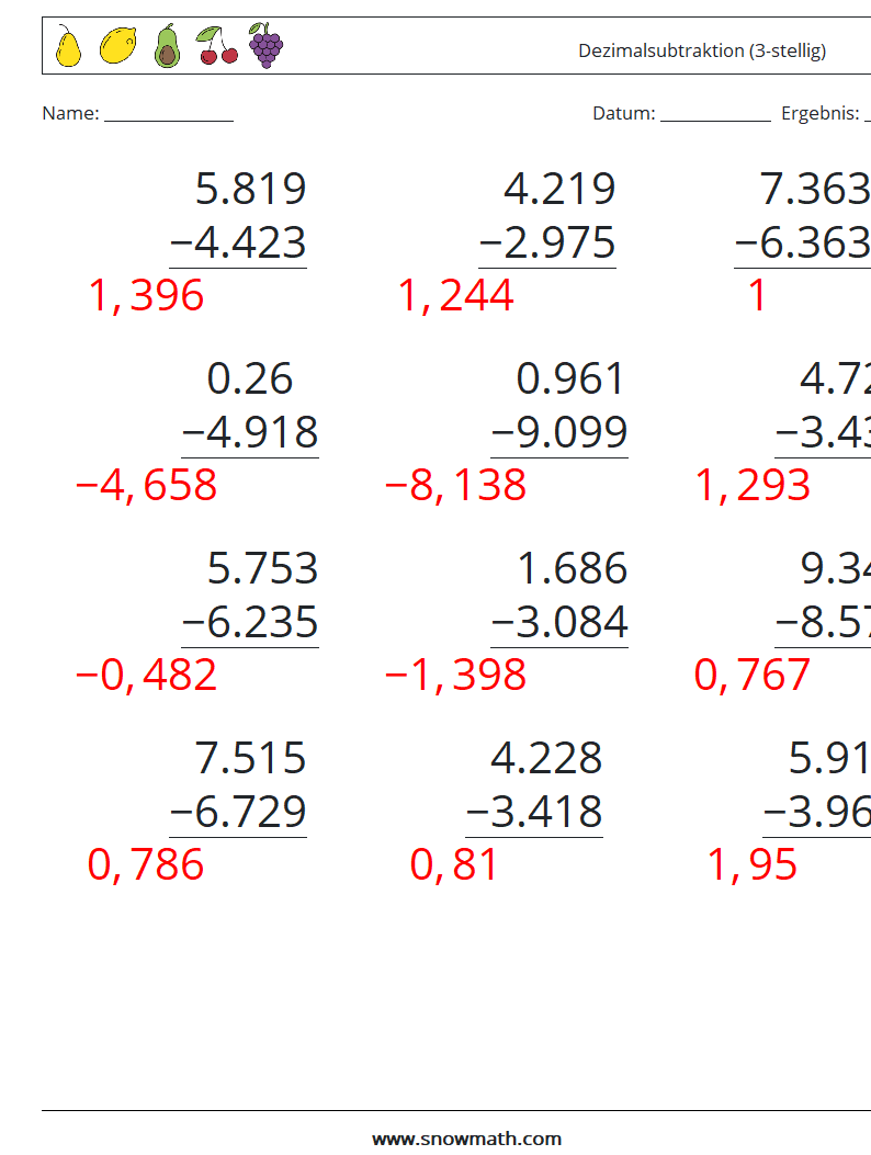 (12) Dezimalsubtraktion (3-stellig) Mathe-Arbeitsblätter 4 Frage, Antwort