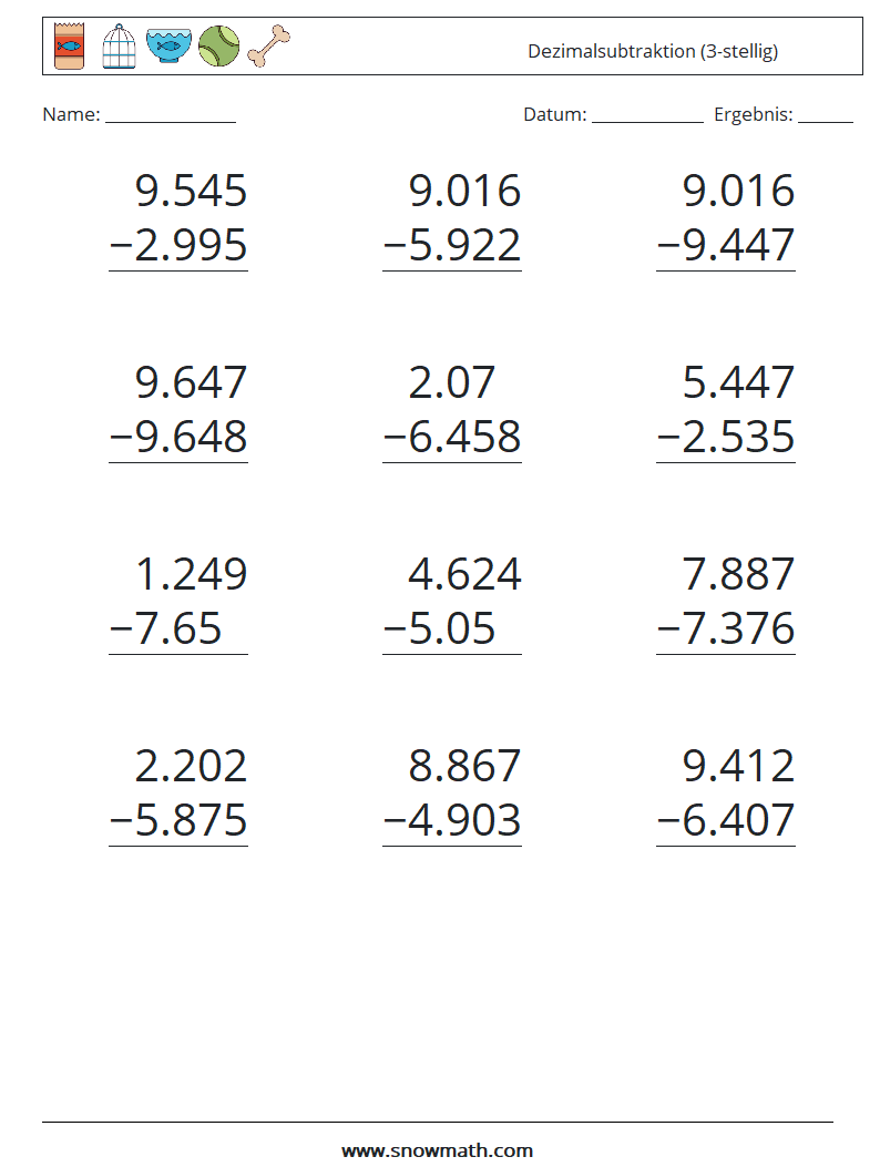 (12) Dezimalsubtraktion (3-stellig) Mathe-Arbeitsblätter 5